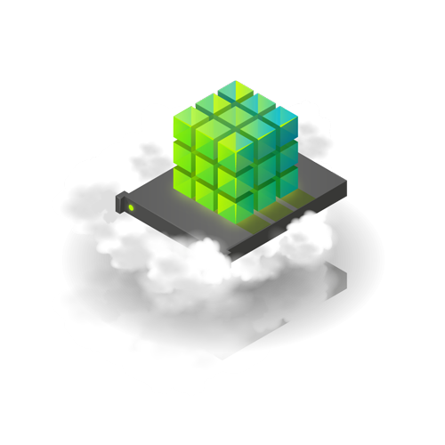 Image - A cube of data on top of a server floating in clouds.