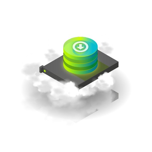 Image - Three stacked disks with a download icon on top of a server floating in clouds.